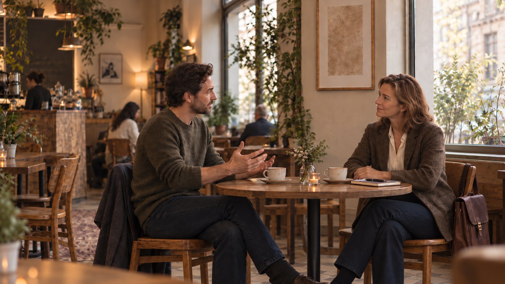 A coach and client in conversation over coffee in a warm café